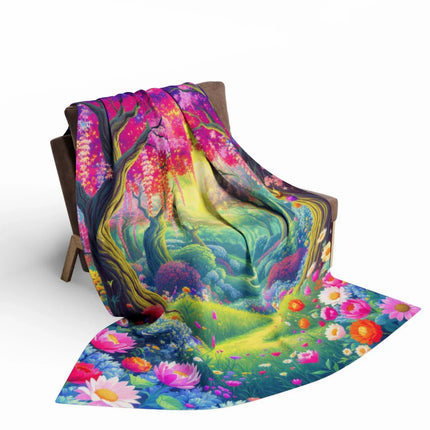 Enchanting Forest Scene with Vibrant Flowers Blanket