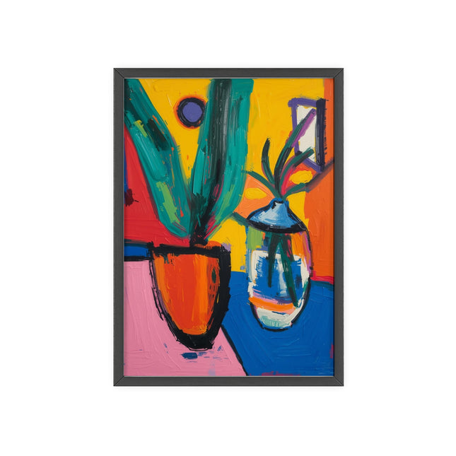 Abstract Colorful Still Life Poster with Wooden Frame — Vibrant Plant & Vase Wall Art