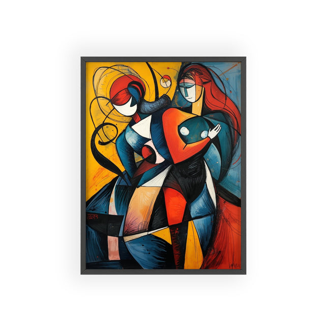 Abstract Cubist Poster with Wooden Frame — Colorful Modern Art Print