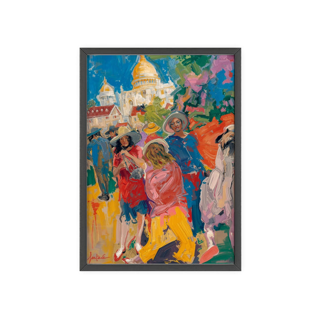 Colorful Paris Street Scene Poster with Wooden Frame — Vibrant Impressionist Wall Art