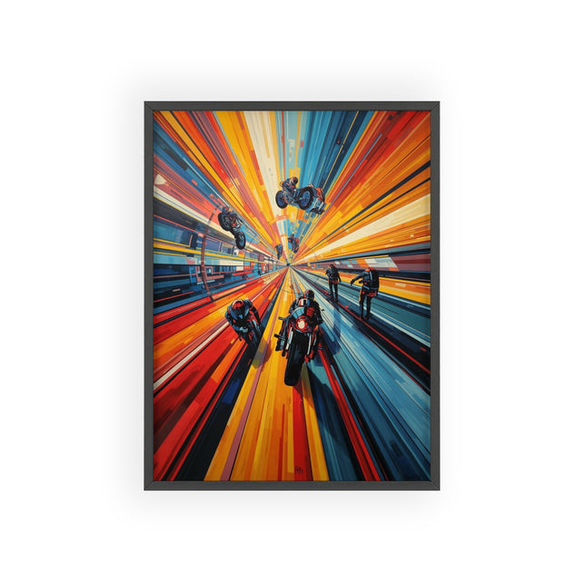 Vibrant Motorcycle Speed Poster with Wooden Frame — Dynamic Racing Wall Art