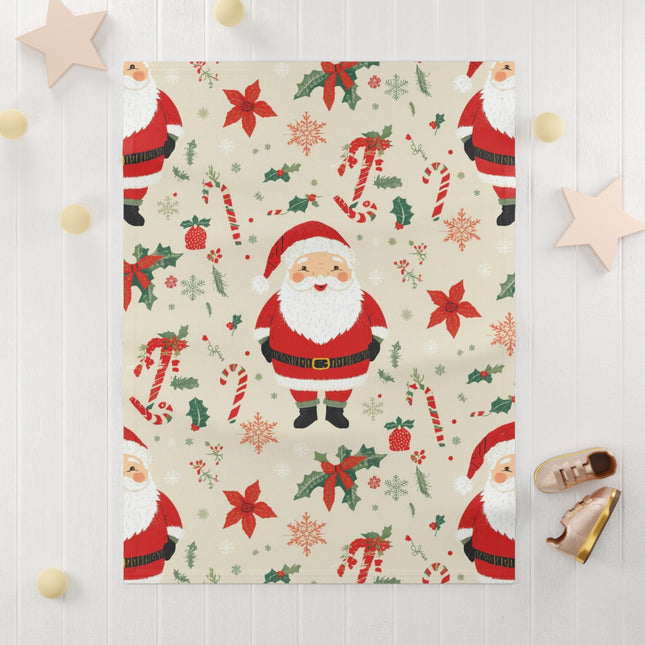 Christmas Santa Baby Blanket – Soft Fleece Holiday Throw with Candy Cane & Poinsettia Print