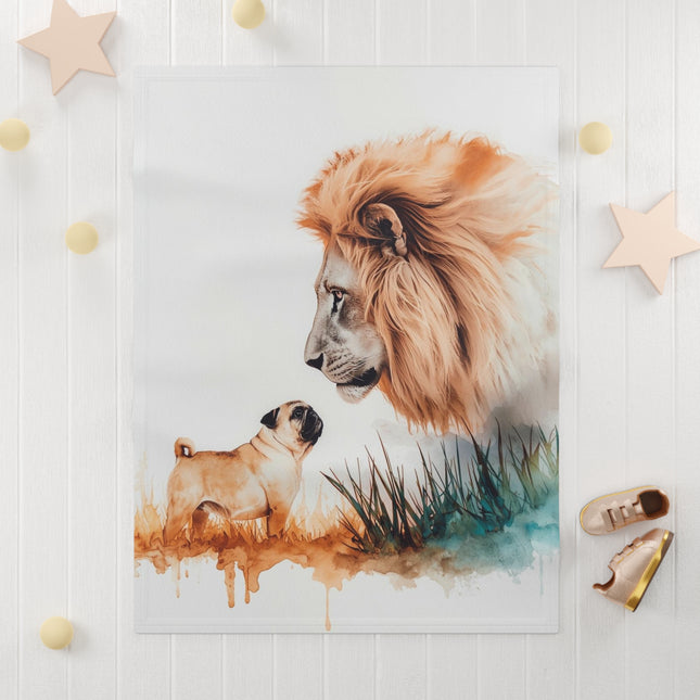 Lion and Pug Fleece Baby Blanket — Soft Watercolor Nursery Throw