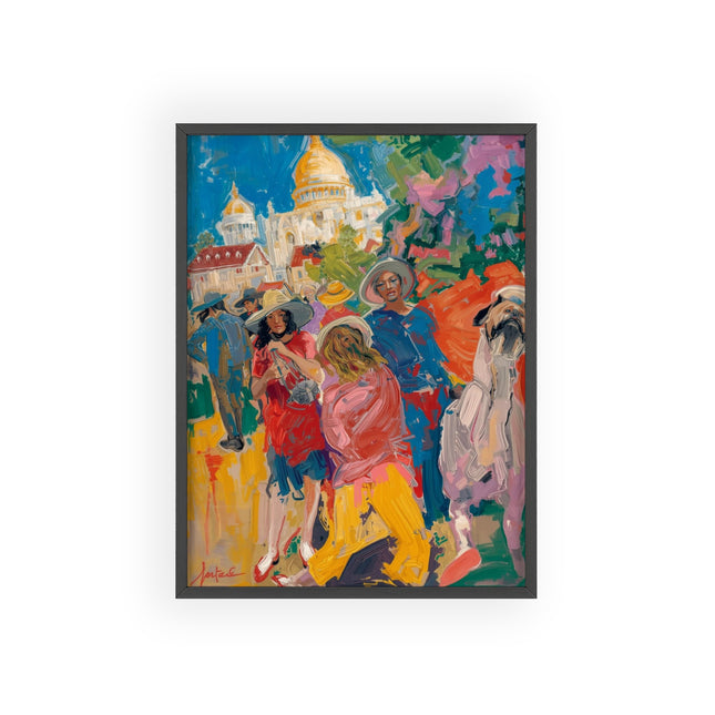 Colorful Paris Street Scene Poster with Wooden Frame — Vibrant Impressionist Wall Art