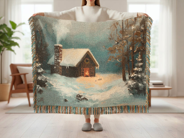 Cozy Winter Cabin Scene Blanket with Fringe