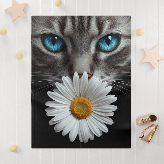 Cat with Daisy Baby Blanket — Soft Fleece Nursery Throw for Infants & Toddlers