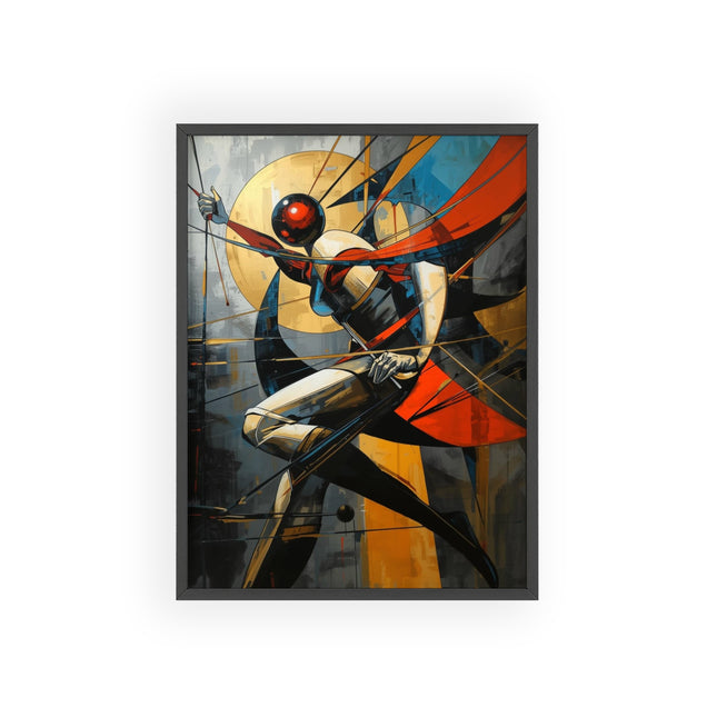 Retro Futuristic Superhero Poster with Wooden Frame — Dynamic Pop Art Wall Decor