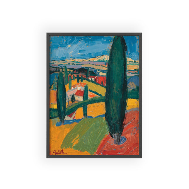 Framed Mediterranean Landscape Poster — Colorful Cypress Tree Wall Art