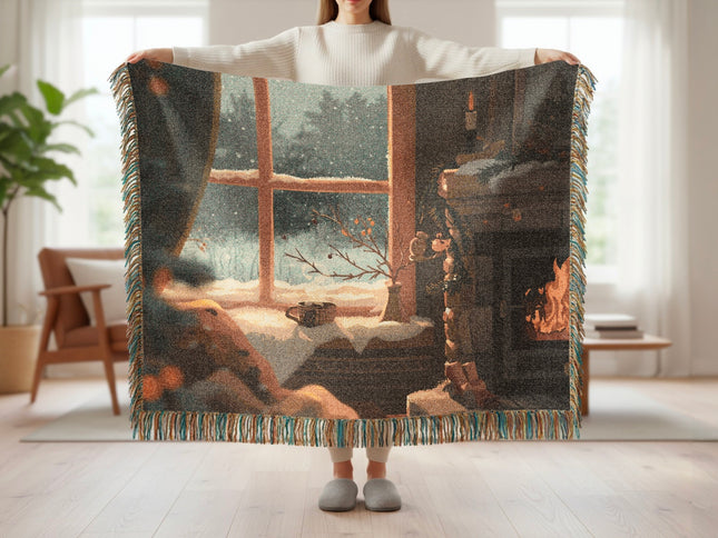 Cozy Winter Scene Blanket with Fireplace and Snow