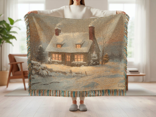 Snowy Cottage Scene Cozy Winter Blanket