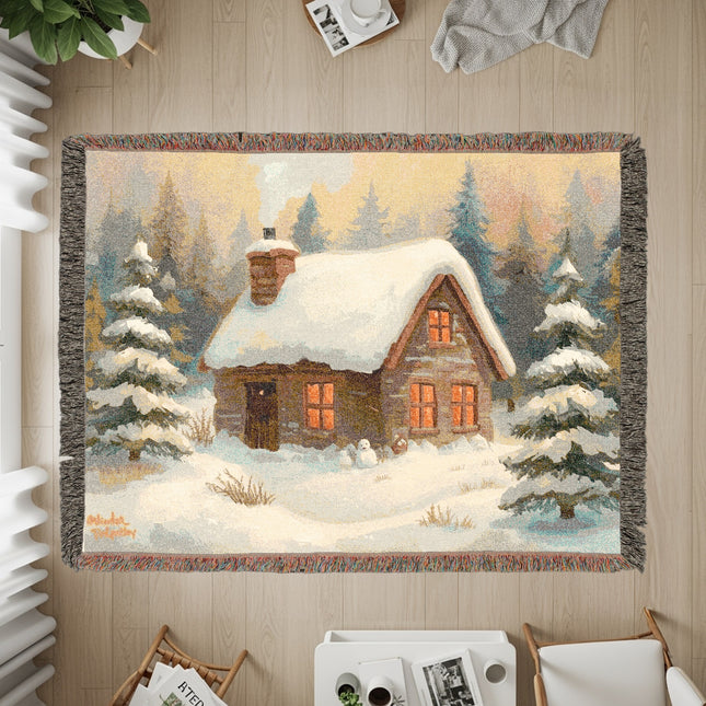 Cozy Winter Cabin Scene Decorative Tapestry Rug