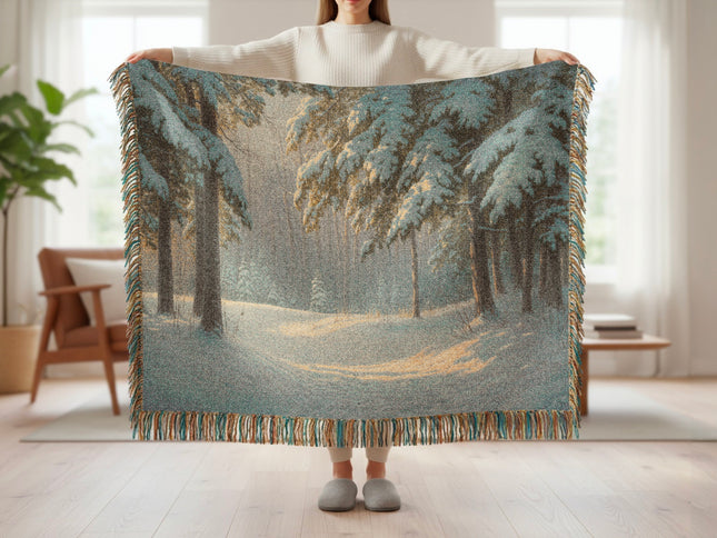 Cozy Forest Scene Tapestry Blanket with Colorful Fringe