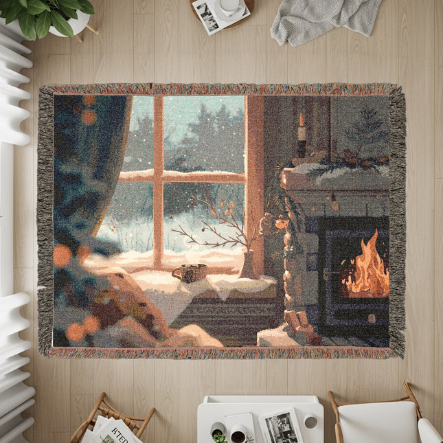 Cozy Winter Scene by the Fireplace Woven Blanket