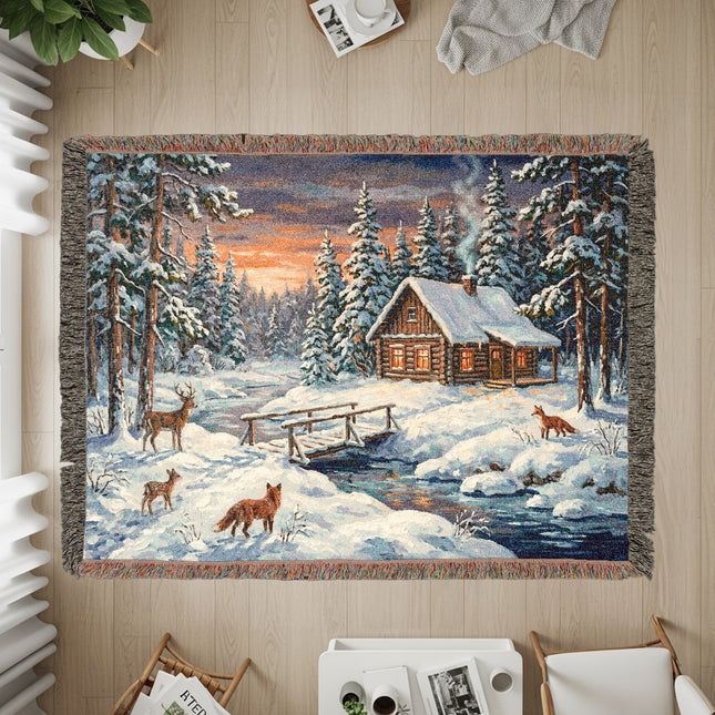 Cozy Cabin in Snowy Forest Winter Scene Rug