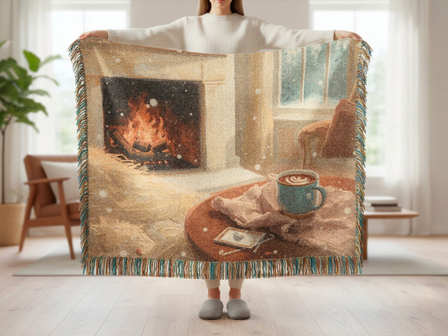 Cozy Winter Fireplace Scene Woven Blanket