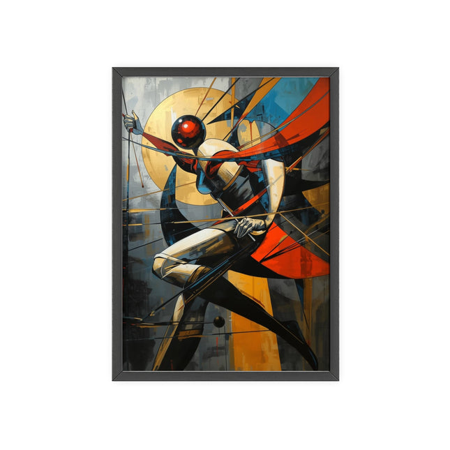 Retro Futuristic Superhero Poster with Wooden Frame — Dynamic Pop Art Wall Decor