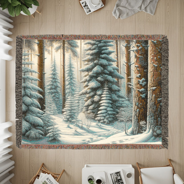 Snowy Forest Scene Art on Woven Blanket