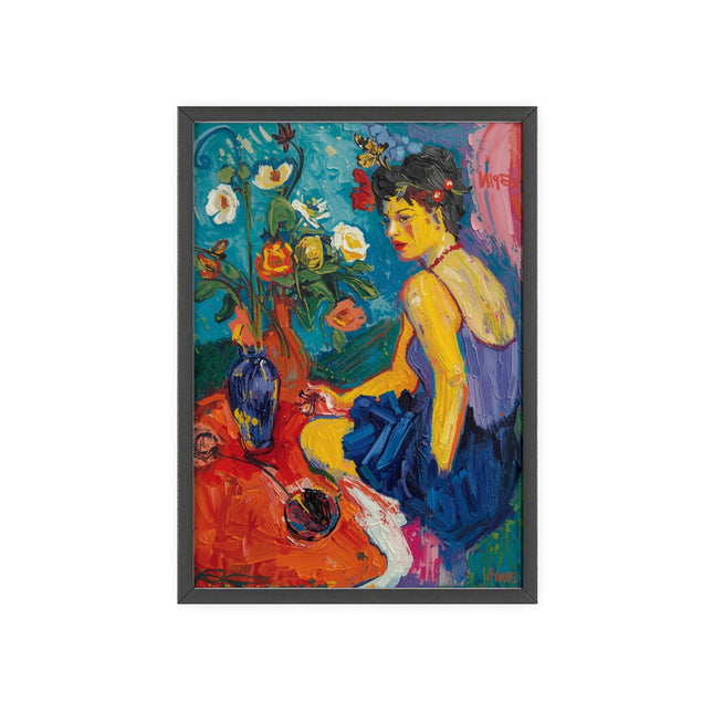 Framed Colorful Portrait Art Print — Vibrant Woman & Floral Still Life Poster with Wooden Frame