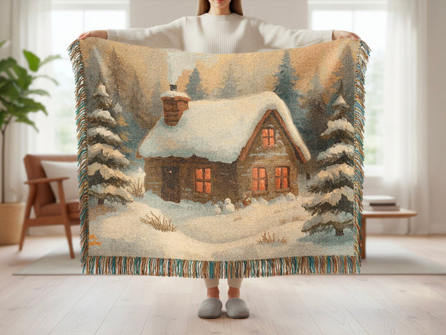 Cozy Winter Cabin Scene with Snowy Pines Blanket