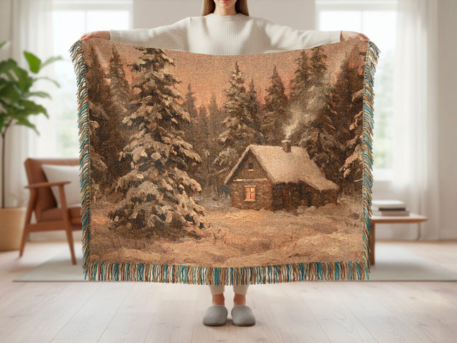 Cozy Winter Cabin Scene With Snow Blanket