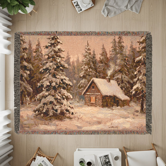 Cozy Cabin in Snowy Forest Scene Home Decor Rug