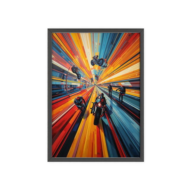Vibrant Motorcycle Speed Poster with Wooden Frame — Dynamic Racing Wall Art