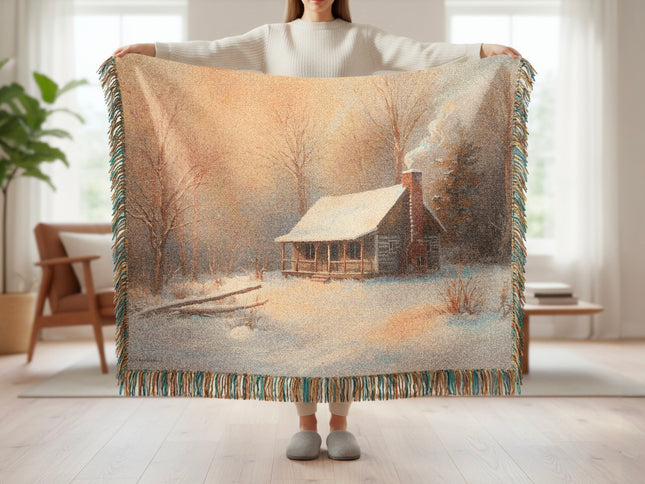 Cozy Cabin in Snow Woven Decorative Blanket