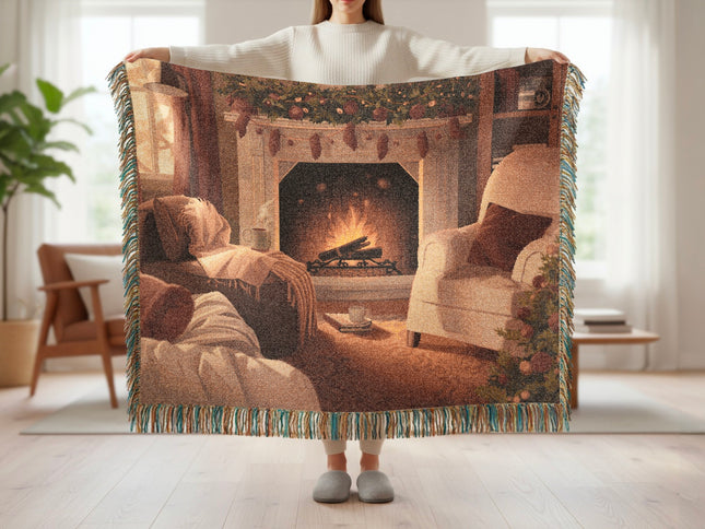 Cozy Fireplace Scene with Christmas Decor Blanket