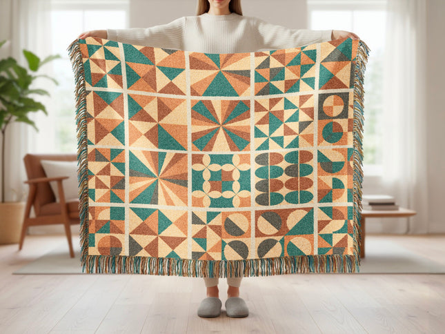 Geometric Pattern Multicolor Fringe Throw Blanket