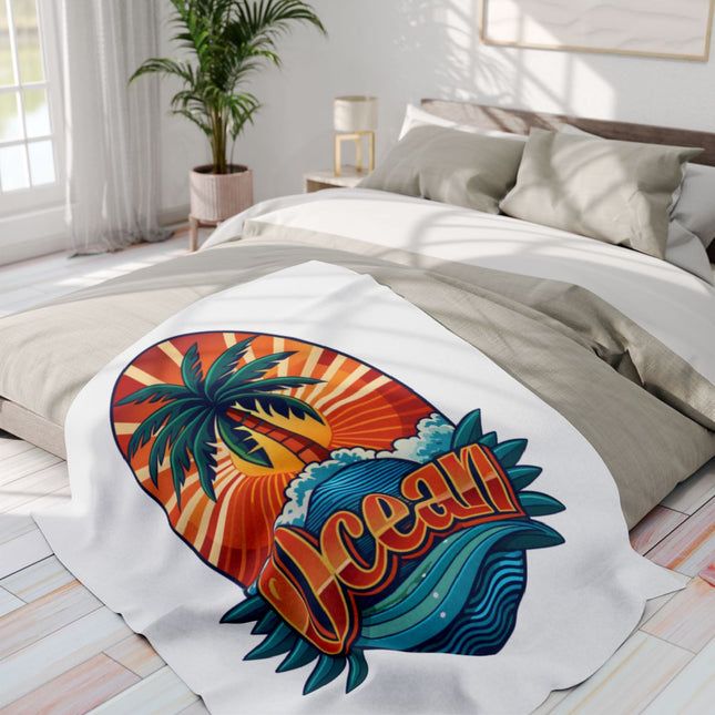 Ocean Beach Sunrise with Waves and Palms Blanket