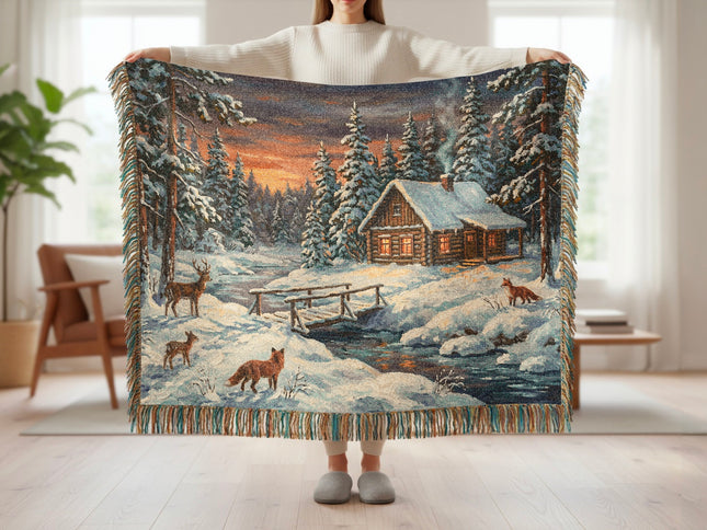 Captivating Winter Forest Cabin Tapestry Throw Blanket