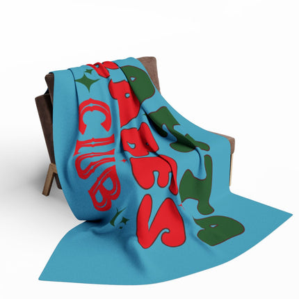 Colorful Retro Text Graphic on Blue Blanket